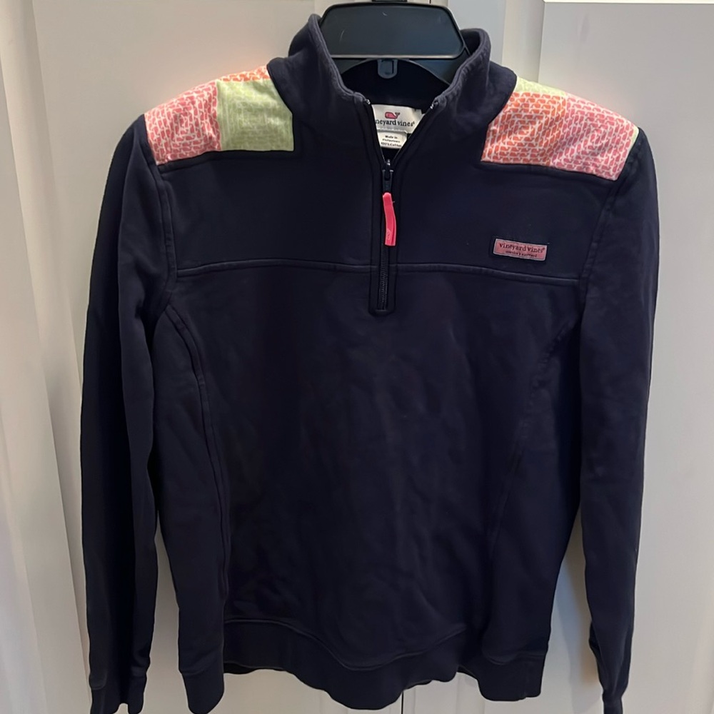 Women’s Vineyard Vines Navy Pink Whale Logo 1/2 Zip Pullover Sweatshirt S